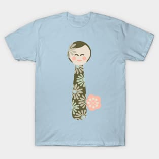 JAPANESE KOKESHI DOLL Flowers Light Pastel Green Beige - UnBlink Studio by Jackie Tahara T-Shirt